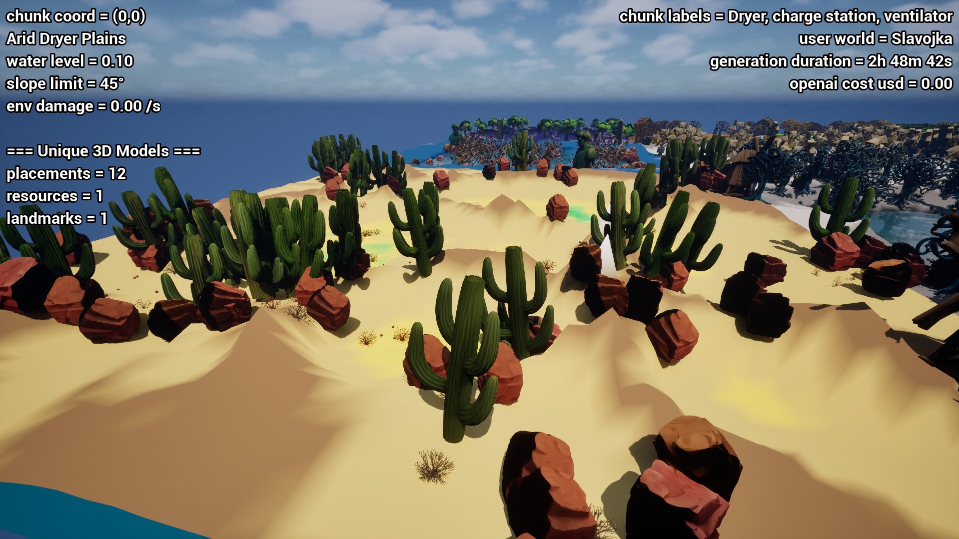 Variant props scattered across a coastal chunk